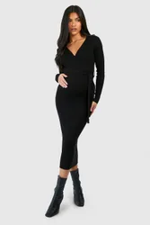 Womens Maternity Knitted Wrap Midi Dress - Black Cotton - Size 16 Uk
