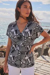 Womens Abstract Print V-Neck Stretch Top - Black - Size 20 Uk