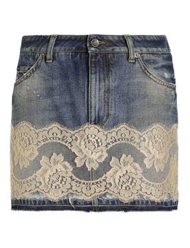 Minigonna In Denim Con Pizzo Bianco