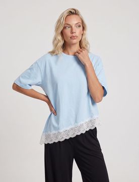 Blusa in cotone con finitura in pizzo e orlo asimmetrico - blu pallido