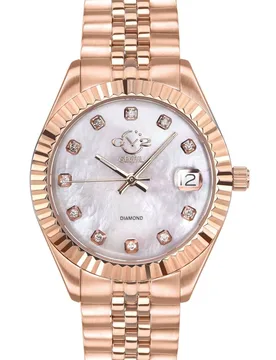 Naples 18 Diamond-Set Luxury Swiss Quartz Movement, Rose Gold Stainless Steel Bracelet, Sapphire Crystal, Fluted Bezel 34 MM Watch - Rose - Size: One - GV2 - FashionsVida