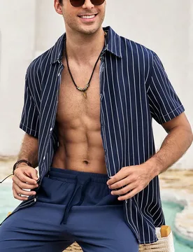 Camisa de manga corta a rayas para hombre, casual de verano con botones al frente - Shein - FashionsVida