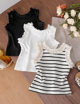 Set de 3 camisetas sin mangas para niñas, diseño de cuello con volantes, dulce y delicado, adecuado para uso diario, escuela, salidas de fin de sema