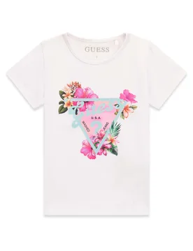 T-shirt mezza manica bianca in misto cotone con stampa logo floreale - Guess - FashionsVida