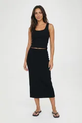 Womens Petite Basic Solid Black High Waisted Midi Skirt Viscose - Size 12 Uk
