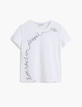 Camiseta frase bordada, Algodon, Blanco, XS