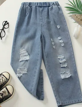 Pieza Vaqueros anchos desgastados de estilo casual para niño pequeño, estilo callejero para primavera y verano, edades 2-5 - Shein - FashionsVida