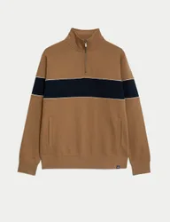 Pure Cotton Colour Block Half Zip Sweatshirt Light Brown male