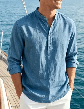 Camisa de manga larga con cuello Henley de unicolor retro para hombre: Ligera y transpirable, 100% algodón, camisa casual versátil - Shein - FashionsVida