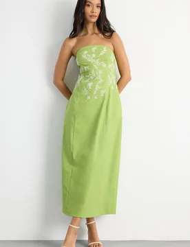 Women's Embroidered Bandeau Midi Dress in Olive Size: 16 - Olive - Size: 16 - Warehouse - FashionsVida