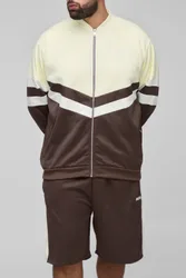 Mens Plus Regular Fit Embroidered Sports Short Tracksuit - Brown - Size 2xl