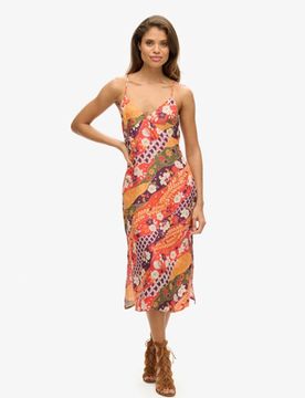 Superdry Damen Bedrucktes Midi-trägerkleid Rot - Größe: 38