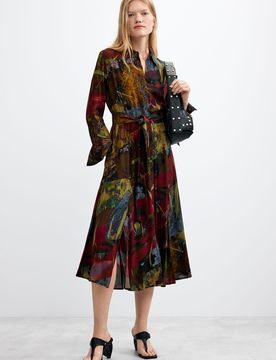 Robe midi à manches longues, , Viscose, Vert, XS
