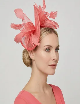 Women's Statement Sinamay Bow Fascinator with Feather Detail in Coral - Coral - Size: One Size - Vellin - FashionsVida