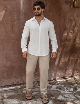 Camisa de manga larga de mezcla de lino para hombre, estilo maduro, ropa de resort, otoño, estilo old money, vacaciones - Shein - FashionsVida