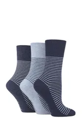 Women's 3 Pair Cotton Patterned and Striped Socks Fine Stripe Navy / Denim 4-8 Ladies - Blue - Size: Small