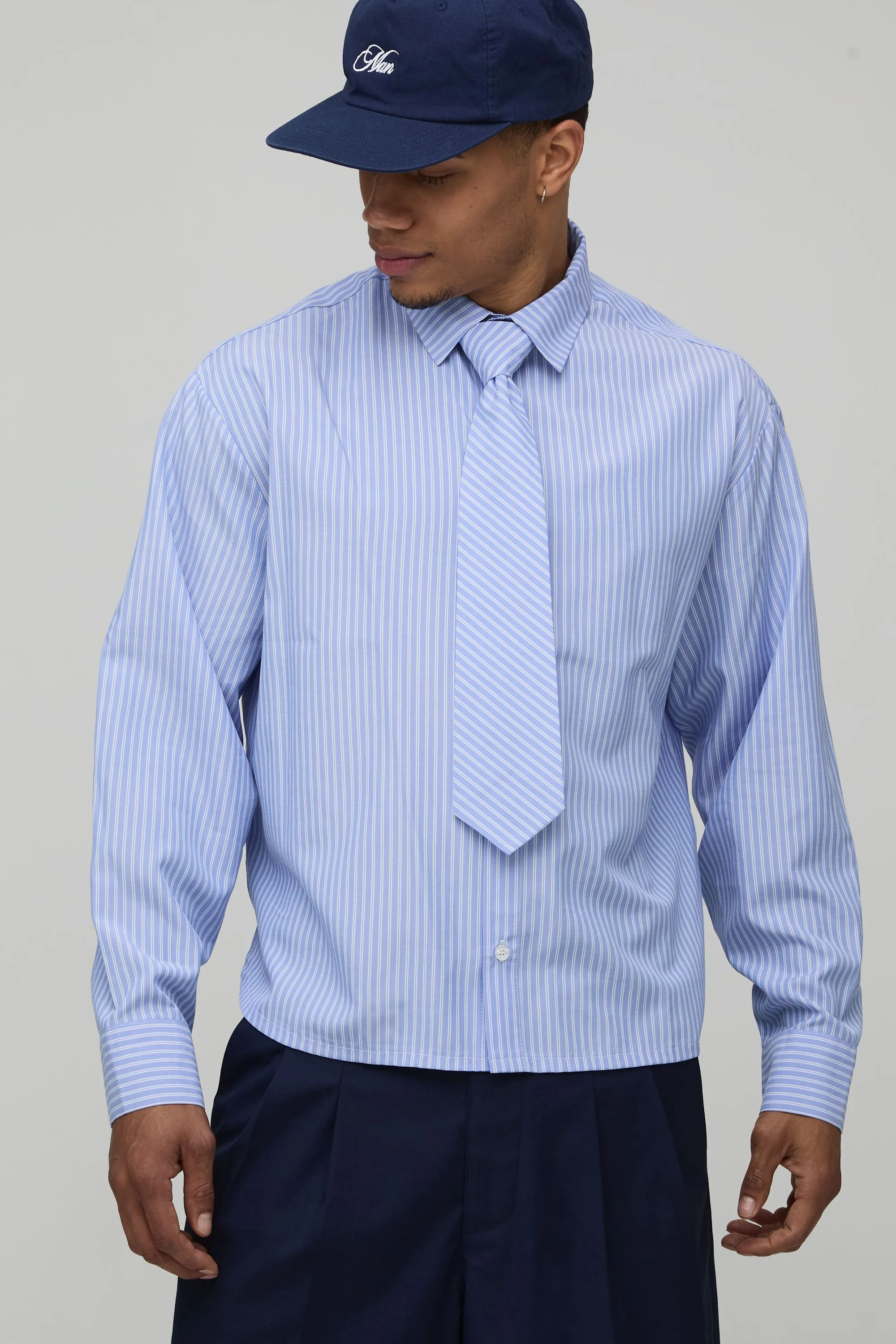 Mens Oversized Boxy Stripe Shirt And Tie - Blue - Size Small - boohooMAN - FashionsVida