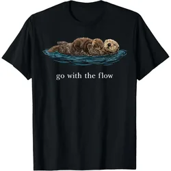 Sea Otter Go With The Flow Graphic T-Shirt Cute Animal Design Short Sleeve O-Neck Tee for Men