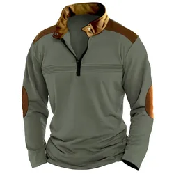 Retro Men's Polo Shirt Solid color Splicing Long sleeved Half Zipper Stand up collar Sweatshirt Spring Outdoors Men's Pullover