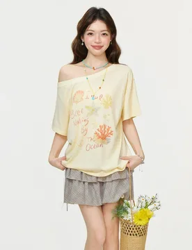One-shoulder Off-the-shoulder Printed Thin Short-sleeved T-shirt for Women Summer 2026 It Is A Loose Top Sexy Spicy Girl Style - Aliexpress - FashionsVida