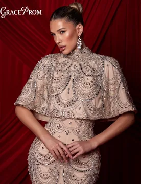 Radiant Nude High Neck Evening Gown With 2026 Silver Beaded Cape And Scalloped Design Party Dress For Wedding Guests فساتين سهرة - Aliexpress - FashionsVida
