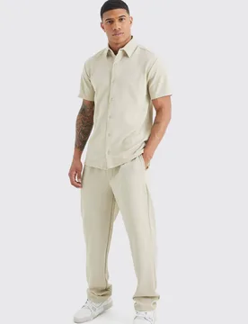 Herren Kurzarm Jersey Fischgrät-Hemd und Hosen Set Stone Größe Medium - boohooMAN - FashionsVida