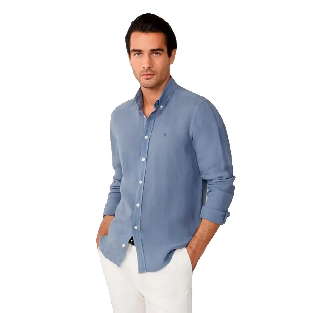 Camicia A Maniche Lunghe Hm3010635 Linen Thames Blue XL - Hackett - FashionsVida