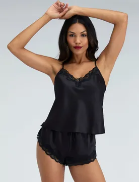 Amelia Satin Lace Trim Cami Shortie Set Black female - Boux Avenue - FashionsVida