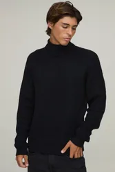 Herren Normal Geschnittener Rollkragen-Rippstrick-Pullover Black Größe Small