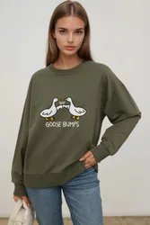 Womens Printed Crew Neck Relaxed Fit Sweatshirt - Khaki - Size X-Small