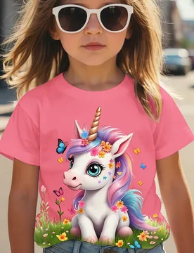 Camiseta de manga corta y cuello redondo casual y sencilla para niña, adecuada para el verano - Shein - FashionsVida