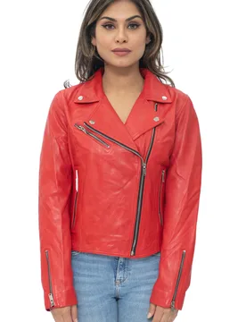 Womens Classic Biker Brando Jacket-Baku - Red Nappa Leather - Size 14 Uk - Infinity Leather - FashionsVida
