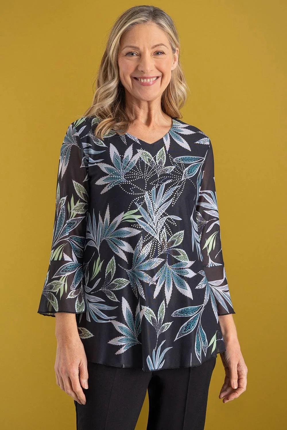 Embellished Leaf Printed Mesh Top - Cream - Size: M - Anna Rose - FashionsVida