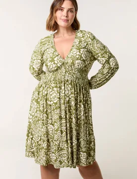 Khaki Curve Shirred Neck Elastic Mini Dress - Khaki - Size: 26-28 - Blue Vanilla - FashionsVida