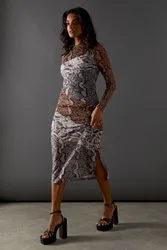 Womens Snake Panelled Print Mesh Midi Dress - Monochrome Multi - Size 8 Uk
