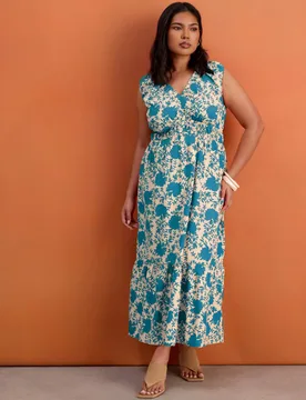 Pure Cotton Floral V-Neck Midaxi Tiered Dress Blue Mix female - Live Unlimited London - FashionsVida