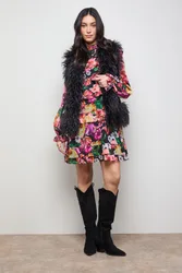 Womens Printed Chiffon Lace Detail Tiered Long Sleeve Mini Dress - Multicolour - Size 12 Uk