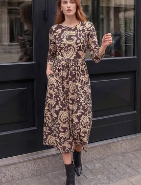 Women's Leaf Print Pocket Dress in Dark Brown Size: 12 - Dark Brown - Size: 12 - Roman - FashionsVida