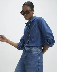 Womens Shirt Blue Denim Fabric Collared Long Sleeve Cotton - Size 8 Uk