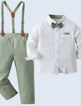Piezas Conjunto de caballero para niños pequeños - Camisa de manga larga con corbata de moño y pantalones verdes con tirantes, elegante y a la moda - Shein - FashionsVida
