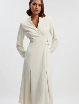 Women's Tailored Crepe Buckle Waist Midi Shirt Dress in Ivory Size: 8 - Ivory - Size: 8 - Karen millen - FashionsVida