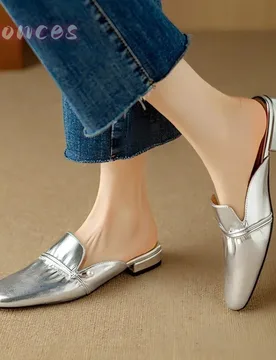 Slip On Backless Loafer Mules Shiny Smooth Leather Gathered Band Small Pearl Square Toe Flat Low Block Heel Casual Footwear - Aliexpress - FashionsVida