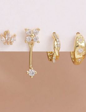 Juego de 4 piezas de pendientes elegantes de acero inoxidable con circonita, pendientes de botón con corona chapados en oro de 18K & joyería de perf