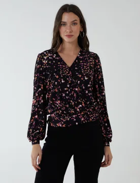 Wrap Front Deep Hem Band Top - S / BLACK PATTERN - female - Blue Vanilla - FashionsVida