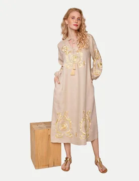 Tunikakleid mit Boho Stickereien Beige 44 - Emily van den Bergh - FashionsVida