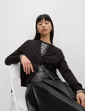 Crew Neck Button Front Cardigan Black female - M&S - FashionsVida