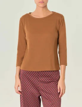 T-shirt cammello in misto viscosa con scollo tondo e maniche a tre quarti - Hlo! - FashionsVida