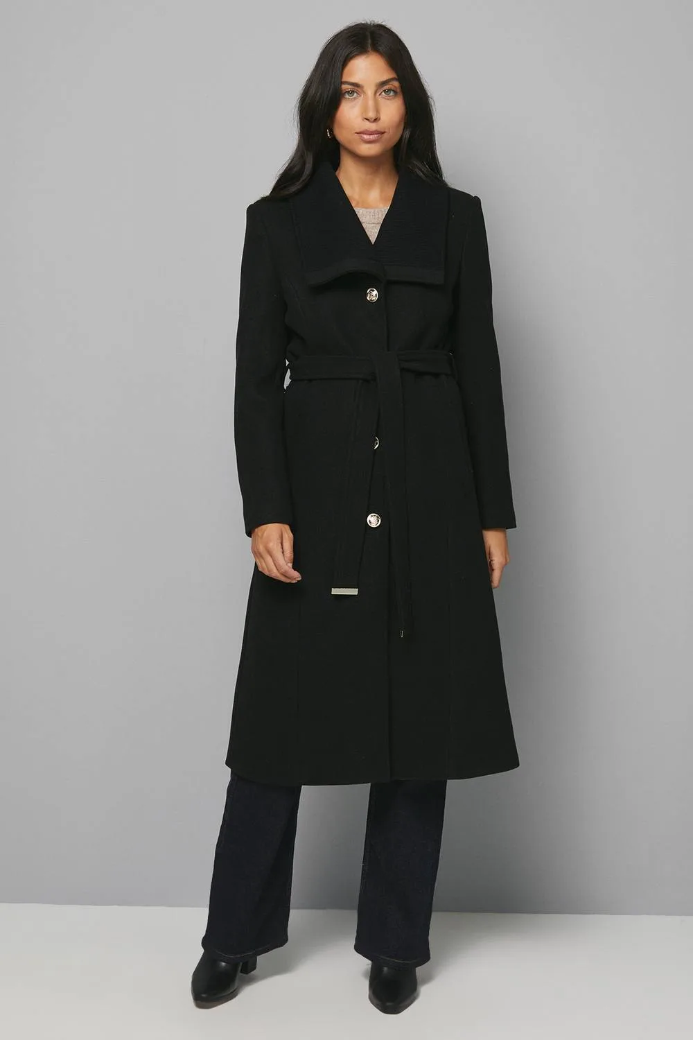 Women's Knitted Collar Button Through Wrap Coat in Black Size: 20 - Black - Size: 20 - Wallis - FashionsVida