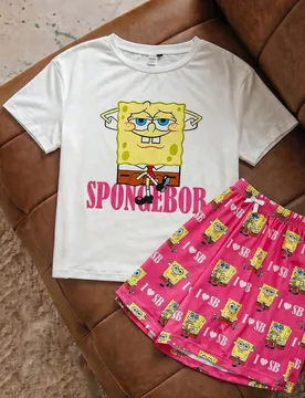 Conjunto de pijama de camiseta de manga corta con estampado de letras de dibujos animados lindos y pantalones cortos para mujer, verano - Shein - FashionsVida