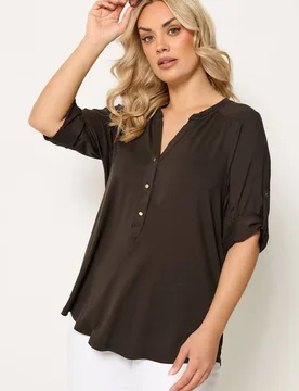 Women's Notch Neck Placket Top in Chocolate Size: 26-28 - Chocolate - Size: 26-28 - Yours - FashionsVida